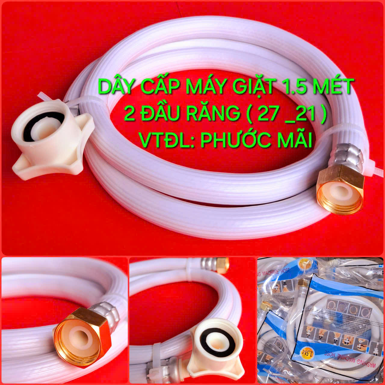 Dây Cấp Nước Máy Giặt 2 Đầu Răng (Đầu 27 - Đầu 21) Dài 1.5 Mét