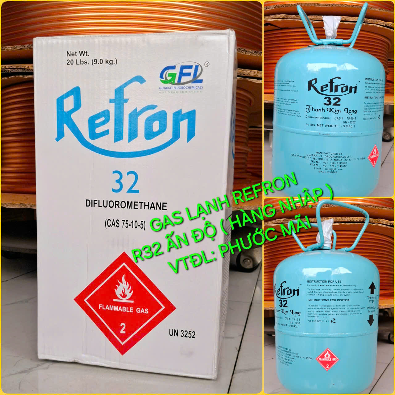Gas Lạnh REFRON R32 (Bình 9.0kg) Ấn Độ Cao Cấp