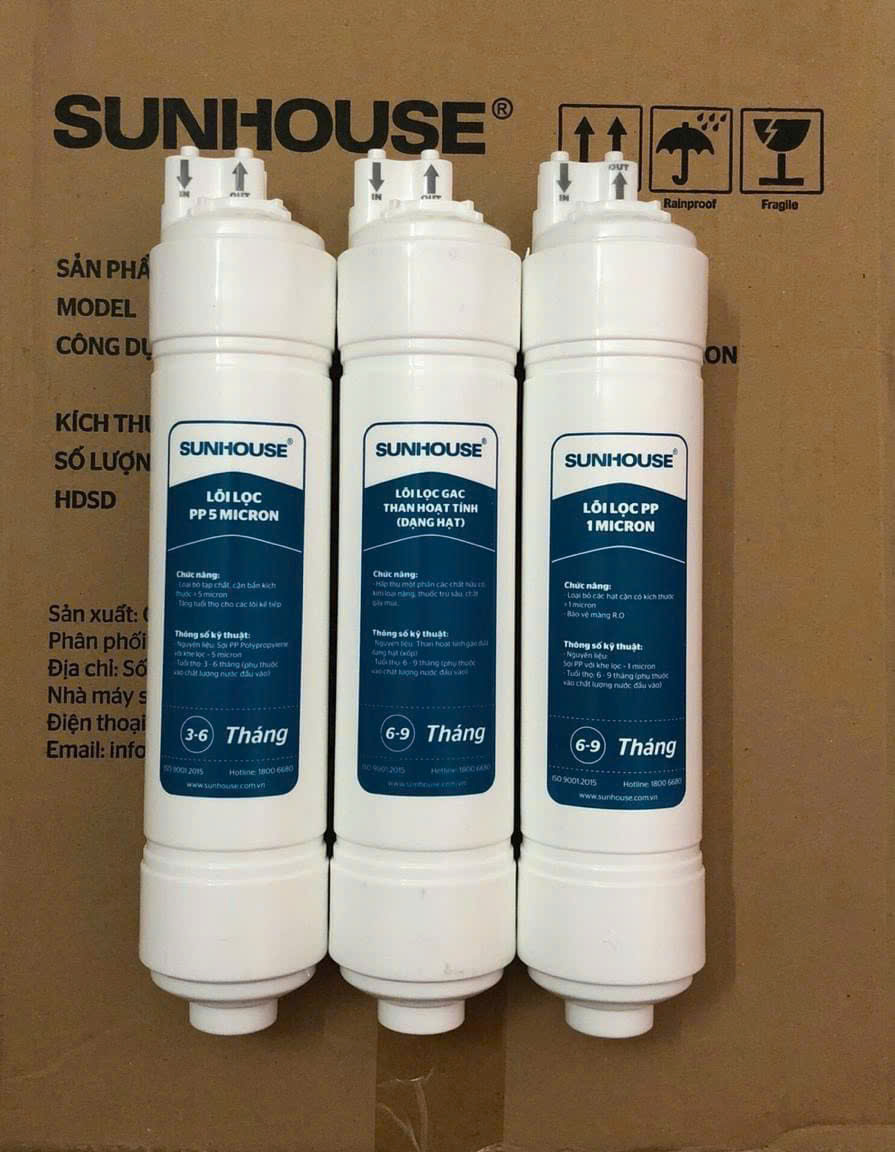 Bộ 3 Lõi Lọc Nước Thô Đúc Nguyên Khối SUNHOUSE Số 1, 2, 3 (Nối Nhanh)