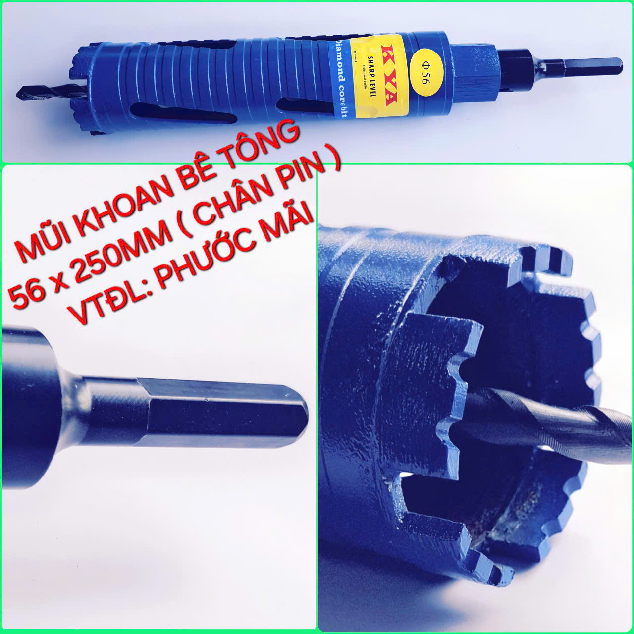 Mũi Khoan Rút Lõi Bê Tông Khô KYA (Màu Xanh) Lỗ $56 \times 250\text{mm}$ Chân Lục Giác Cho Máy Pin Cao Cấp