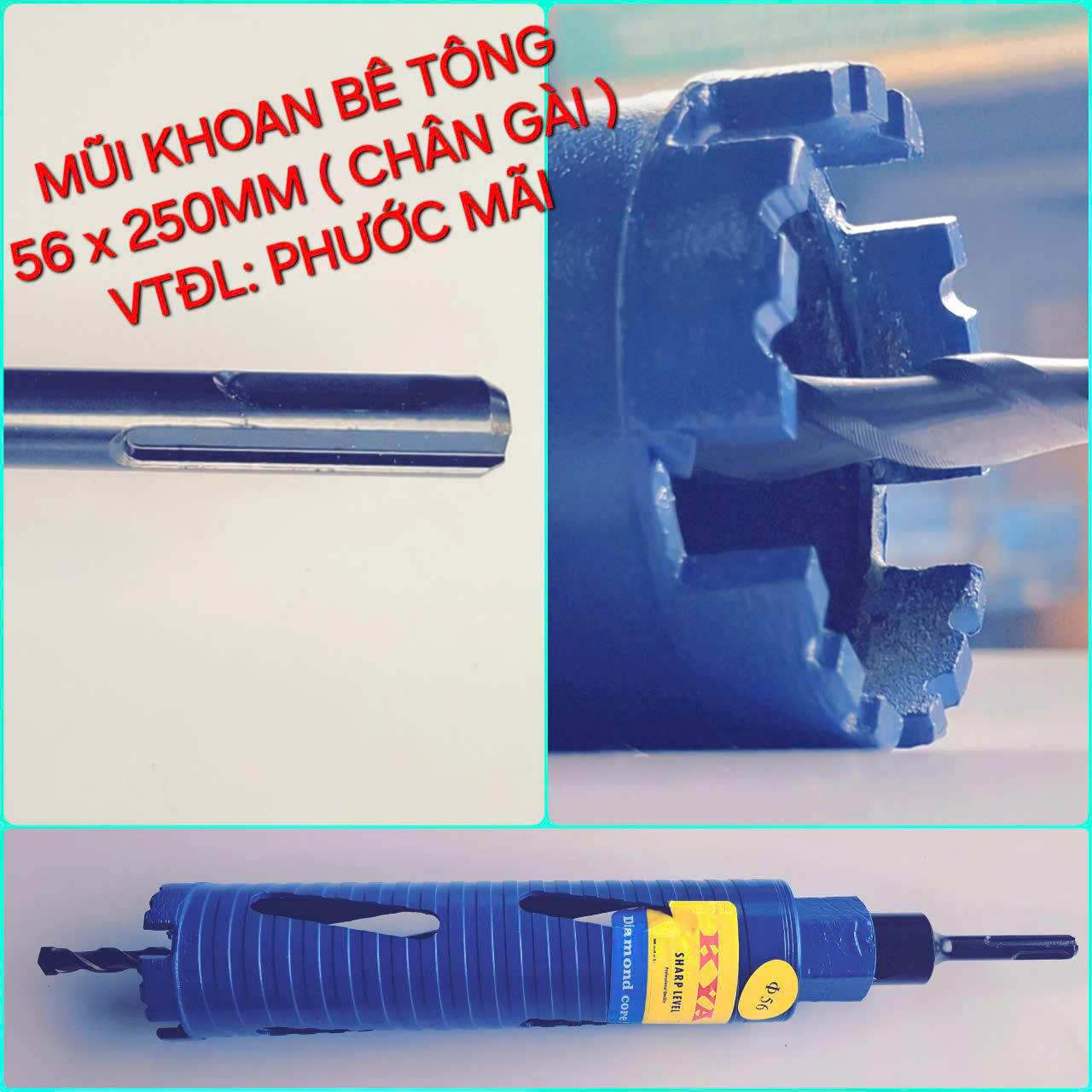 Mũi Khoan Rút Lõi Bê Tông Khô KYA (Màu Xanh) Lỗ $56 \times 250\text{mm}$ Chân Gài SDS-Plus Cao Cấp